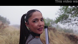 Gorgeous Spanish goddess gets ass punished and tied up for piss play by an olive grove