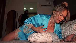 A stranger enters the home of busty blonde MILF Monique Fuentes, and she knows how to treat him.