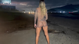 Married woman masturbating in public and giving head to her cuckold husband in the middle of the street, orgasming twice.