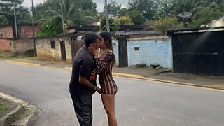 Married woman masturbating in public and giving head to her cuckold husband in the middle of the street, orgasming twice.