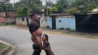 Married woman masturbating in public and giving head to her cuckold husband in the middle of the street, orgasming twice.