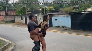 Married woman masturbating in public and giving head to her cuckold husband in the middle of the street, orgasming twice.