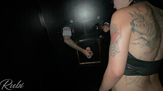 Gothic Rubi Torres having sex in a swingers club - The slut calls the guy into the booth and ends up giving it to two guys COMPLETE IN THE RED