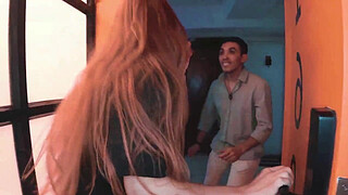 Naughty wife fucks another man while her cuckold husband masturbates in the bathroom - Redhead Bella makes a man with a medium-sized penis run naked through the building to escape her angry cuckold husband.