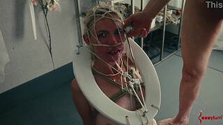 Human toilet swallows dozens of loads and gets a rough face fucking and ass fucking