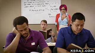 Sexy teacher with big tits seduces lucky student guy