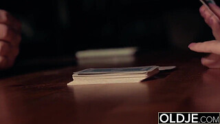 Teen playing strip poker with old man ends having hot sex on the be