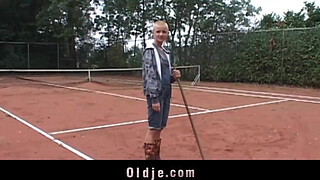 Sexy short haired student sucking grandpa dick