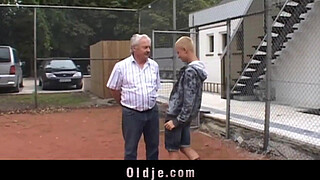 Sexy short haired student sucking grandpa dick