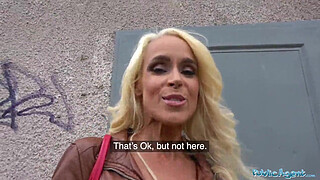 Public Agent Tattooed busty German blonde MILF fucked hard against a tree