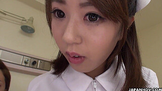 Japanese nurse, Reina Wamatsu rubs dick, uncensored
