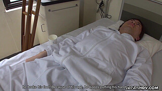 Japanese nurse, Reina Wamatsu rubs dick, uncensored