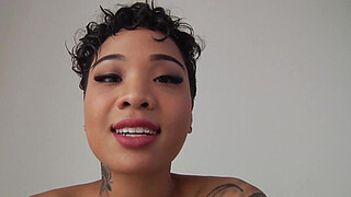 Stunning ebony Honey Gold bouncing on a huge cock in POV