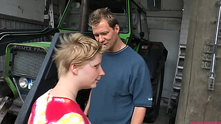 Ugly chubby blonde garage boss fuck her employee, eating his cum