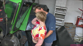 Ugly chubby blonde garage boss fuck her employee, eating his cum