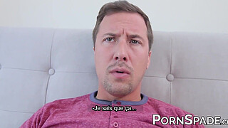 Busty redhead stepmom in red lingerie fucks her stepson