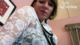 Miss Adrastea`s Sissy bitch trapped in chastity and stockings!