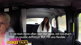 Female Fake Taxi Slim minx gets fucked with strap on by busty blonde driver