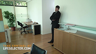 Humiliated sexy secretary spitroasted after masturbation mayhem