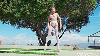 VOGOV Adira Allure spreads long legs in stockings to get orgasm