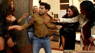 Classy femdom milfs overpower young bloke