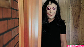 Scared teen stepsisters pranked by stepbro during Halloween