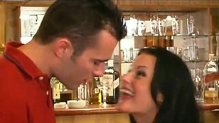 Classy brunette in black stockings fucked by waiter