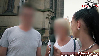 German young couple make first time threesome at street casting