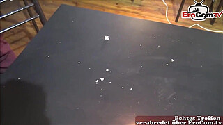 German amateur teen slut fucks with black cock on table with fishnet stockings