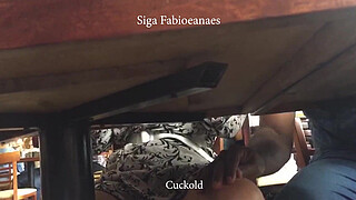 After the sex the naughty hotwife is accompanied by the Friend takes a cone of her in the restaurant under the table and cuckold filming and subtitles