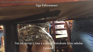 After the sex the naughty hotwife is accompanied by the Friend takes a cone of her in the restaurant under the table and cuckold filming and subtitles