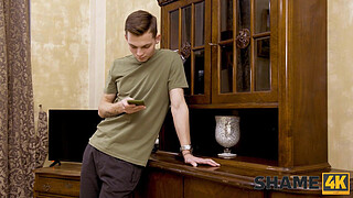 SHAME4K. Brunette granny solves her problem by having sex with a guy