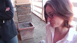 Sexy lesbian couple Jay Taylor and Sinn Sage touch each others bodies on a wooden