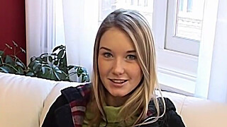 Adorable blonde amateur teen rubs her hairless pussy