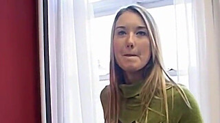 Adorable blonde amateur teen rubs her hairless pussy