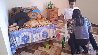 My wife's cuckold: we watch a movie while we're already dizzy and my wife's friend grabs my big dick until she puts it all in when my wife rests, she almost discovers us