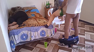 My wife's cuckold: we watch a movie while we're already dizzy and my wife's friend grabs my big dick until she puts it all in when my wife rests, she almost discovers us