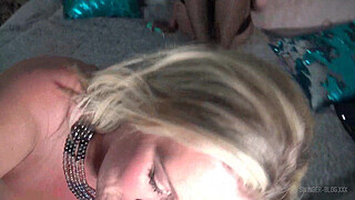Horny MILFs in sexy lingerie sharing a cock in threesome sex party