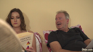 Big cock grandpa fucks tiny pussy teen girlfriend open mouth cumshot