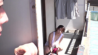 I was at a glance to be admired by a big-breasted woman in a defenseless light clothes on the veranda... The neighbor busty slut is fucked while shaking tits. Japanese amateur homemade porn.[Part 1]