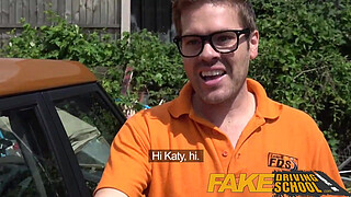 Fake Driving Posh busty blonde examiner fucks and swallows in POV