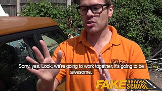 Fake Driving Posh busty blonde examiner fucks and swallows in POV