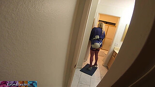 Stepson films stepmom undress in the bathroom then fucks her to help her self-confidence