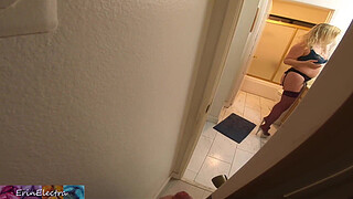 Stepson films stepmom undress in the bathroom then fucks her to help her self-confidence