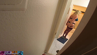 Stepson films stepmom undress in the bathroom then fucks her to help her self-confidence