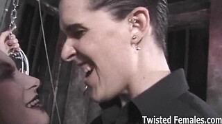 Kinky babe triple teamed in the sex dungeon