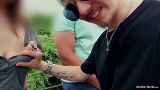 BUMS BUS - Bus fuck ends with cum on ass for busty German MILF blonde