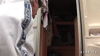 Serious redhead whore double penetrated in a gangbang with an old man