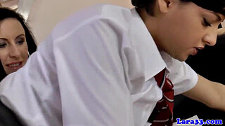 British milf pussylicking lez before ffm fun