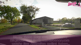 German big monster tits milf with glasses hitch hiker public pick up and outdoor fuck and cum in mouth